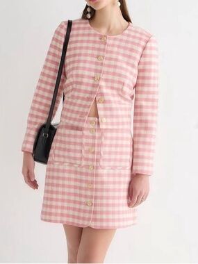 Button-front mini skirt in gingham terry tweed
